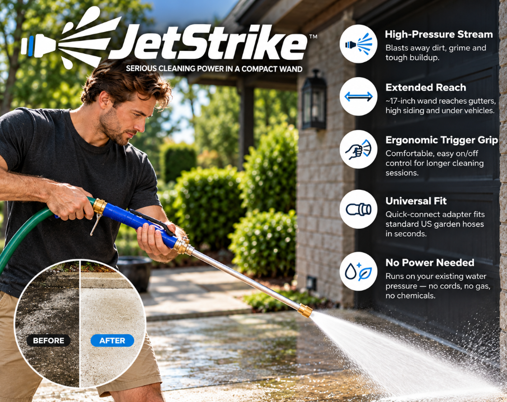 Blue JetStrike hose wand spraying an outdoor driveway, with product details shown alongside