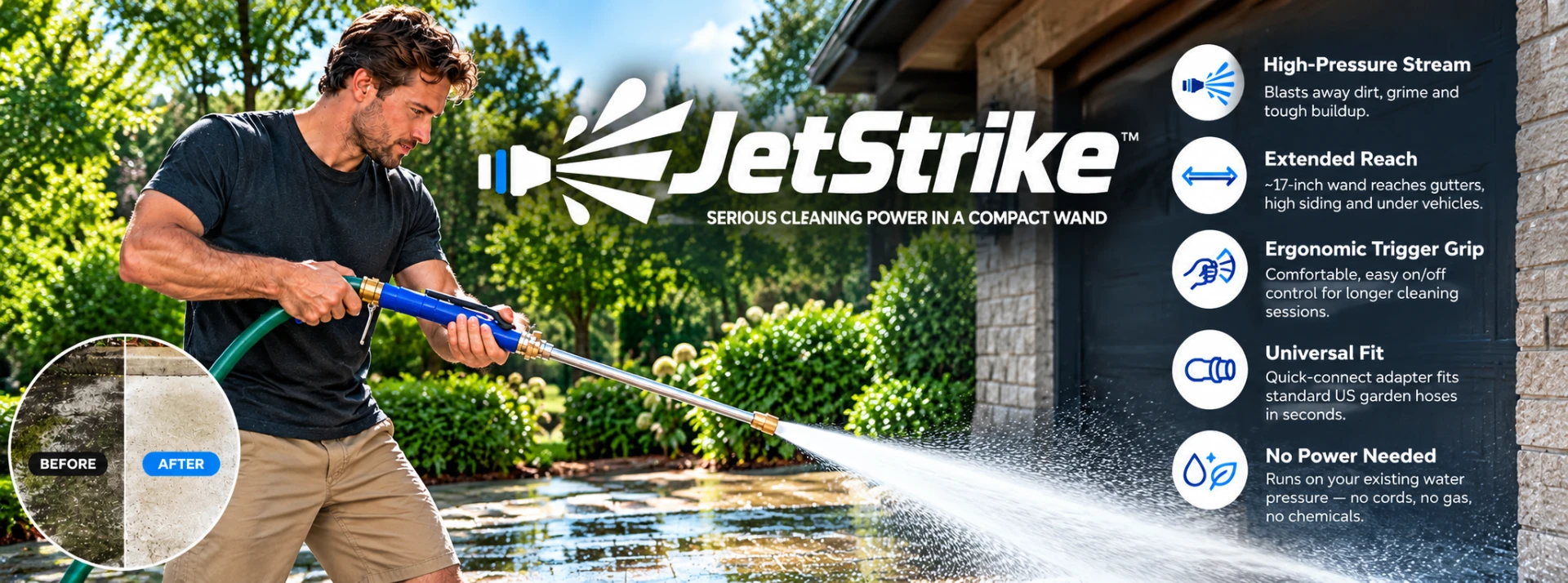 JetStrike wand in use on an outdoor stone surface, with the product’s key features shown